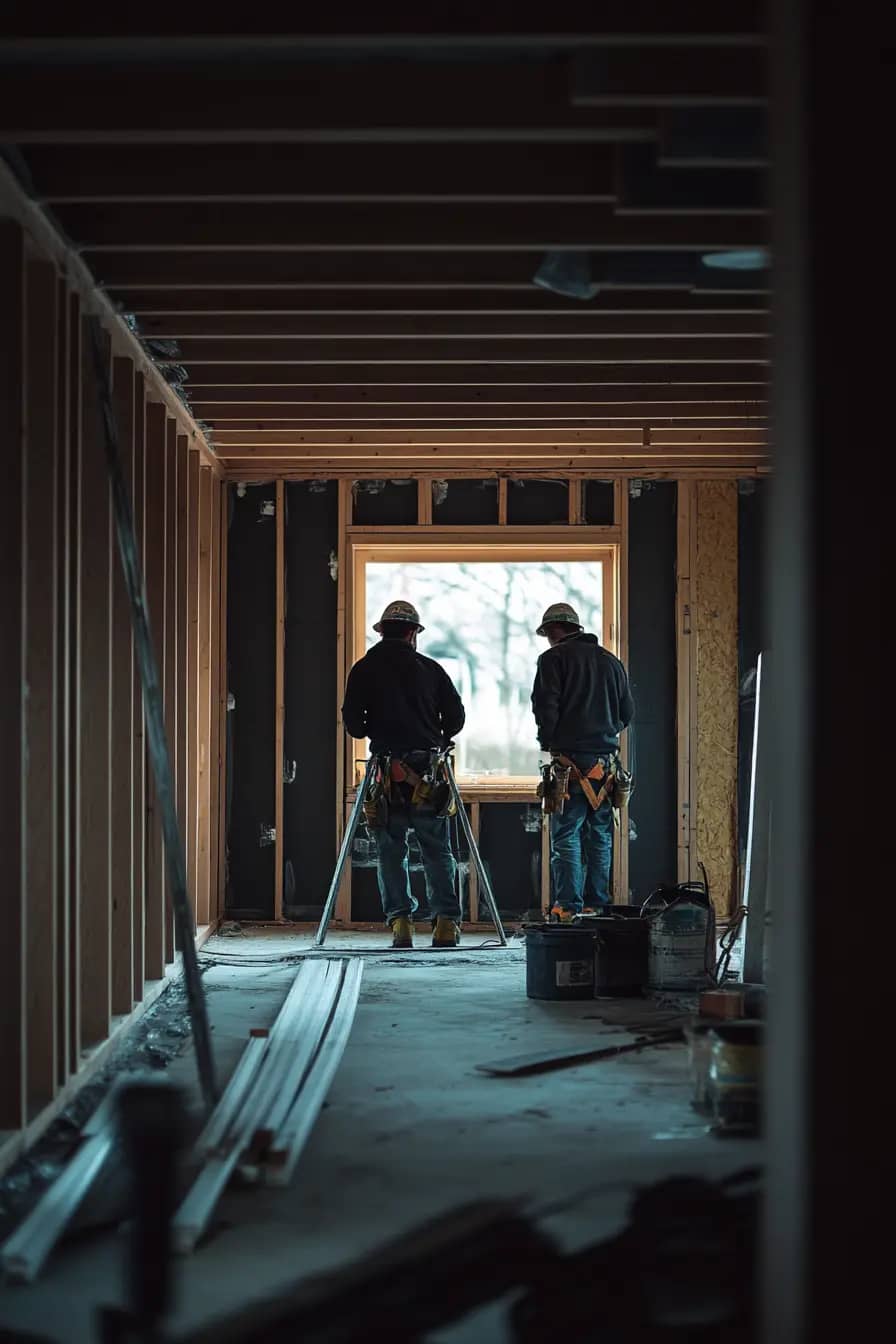 Contractor and homeowner reviewing blueprints in a modern living room